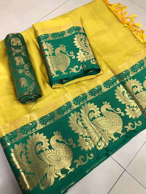 Vinay Prachi Heavy Georgette Silk Printed Saree Yellow Color DN 23555