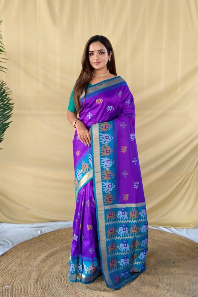 Purple Soft Silk Saree with Elephant Butti & Contrast Pallu DS001