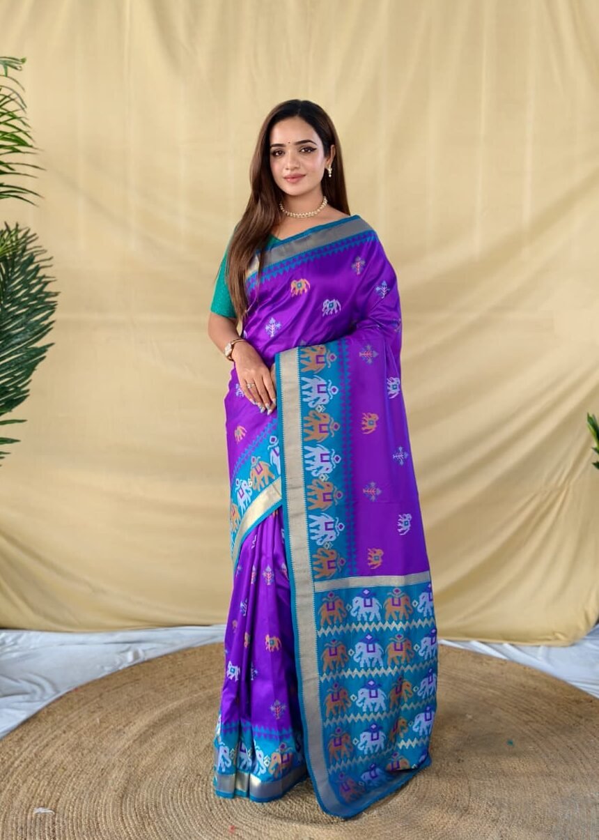 Purple Soft Silk Saree with Elephant Butti & Contrast Pallu DS001