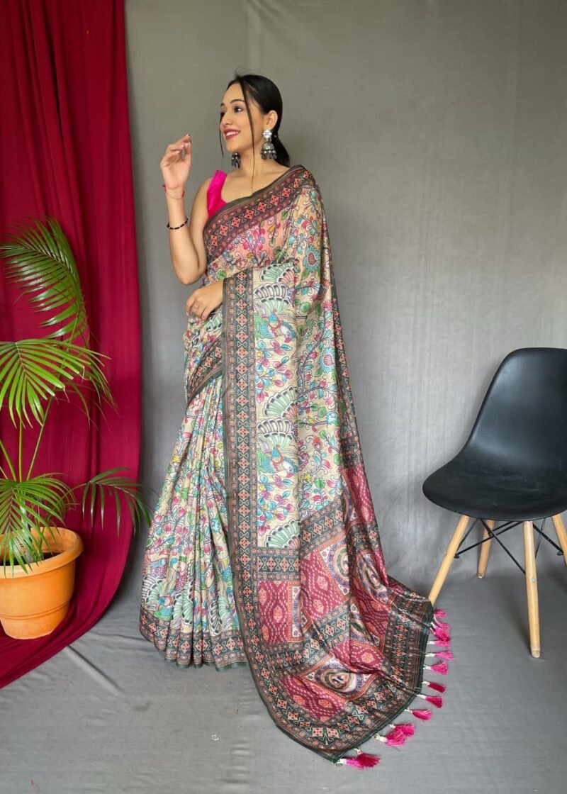 2026 SPECIAL Malai Cotton Kalamkari Inspired Printed Saree with Contrast Pallu DS007-1-2