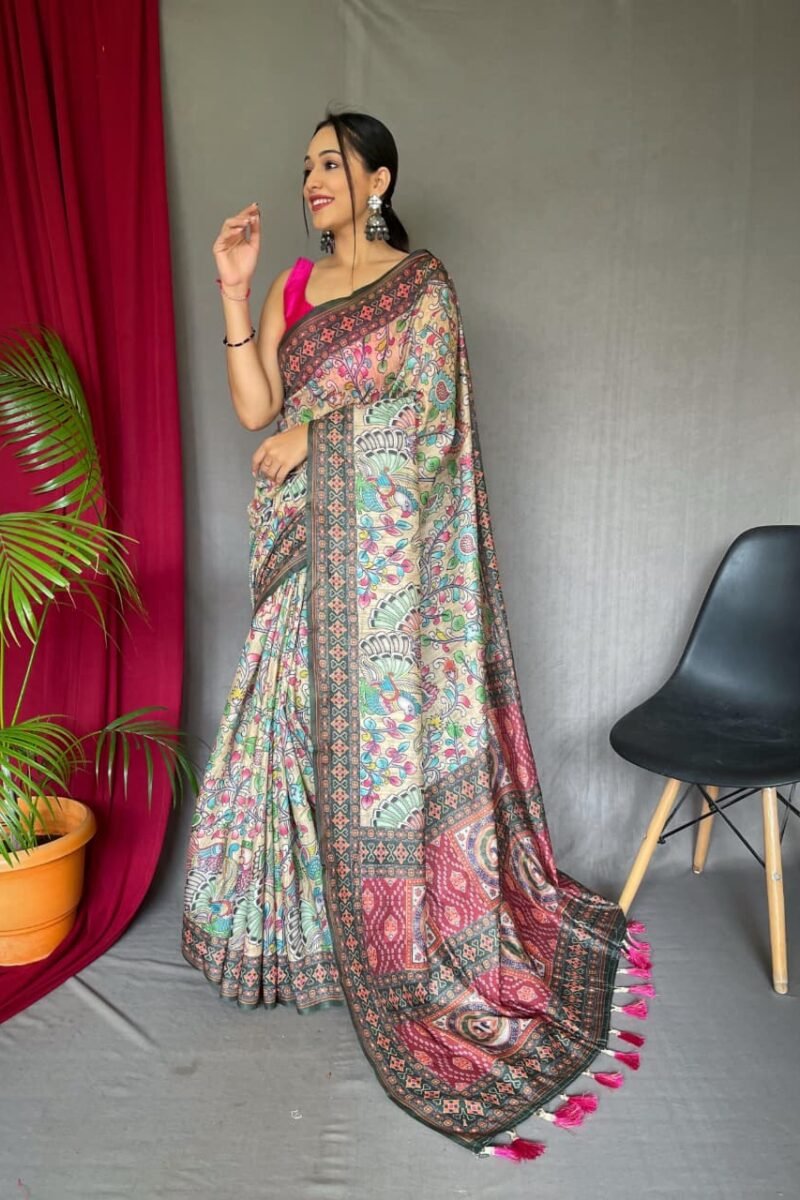 2026 SPECIAL Malai Cotton Kalamkari Inspired Printed Saree with Contrast Pallu DS007-1-2