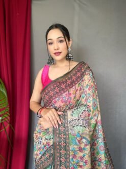 2026 SPECIAL Malai Cotton Kalamkari Inspired Printed Saree with Contrast Pallu DS007-1