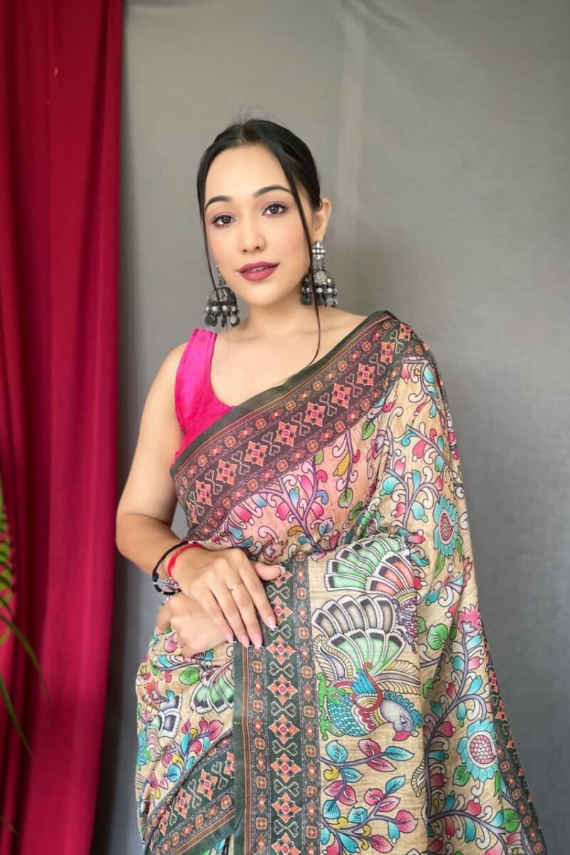 2026 SPECIAL Malai Cotton Kalamkari Inspired Printed Saree with Contrast Pallu DS007-1