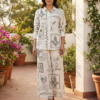 Ivory Printed Cotton Blend Co-Ord Set with Long Shirt and Comfort Fit Pants DC002