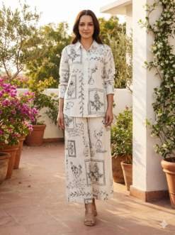 Ivory Printed Cotton Blend Co-Ord Set with Long Shirt and Comfort Fit Pants DC002