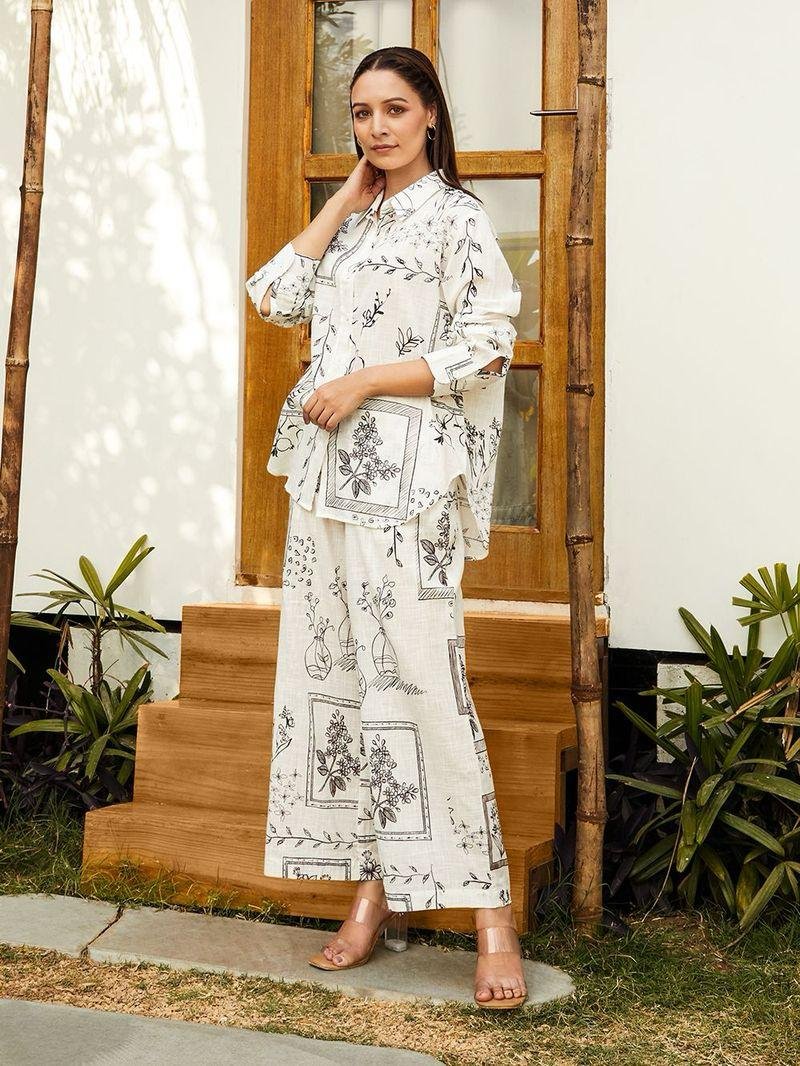 Ivory Printed Cotton Blend Co-Ord Set with Long Shirt and Comfort Fit Pants DC002-3