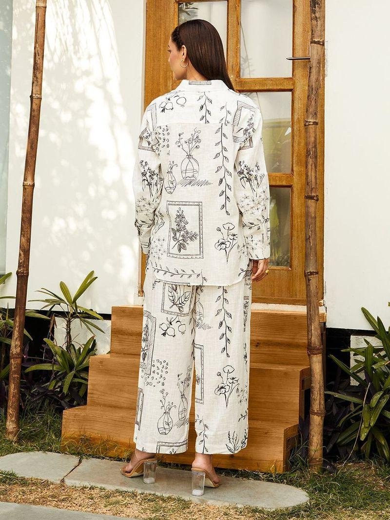 Ivory Printed Cotton Blend Co-Ord Set with Long Shirt and Comfort Fit Pants DC002-4