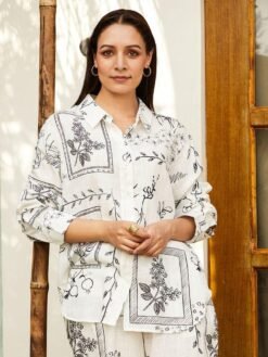 Ivory Printed Cotton Blend Co-Ord Set with Long Shirt and Comfort Fit Pants DC002-5