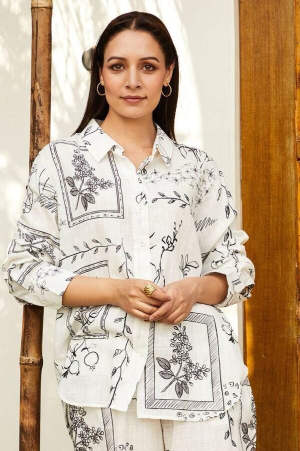Ivory Printed Cotton Blend Co-Ord Set with Long Shirt and Comfort Fit Pants DC002-5