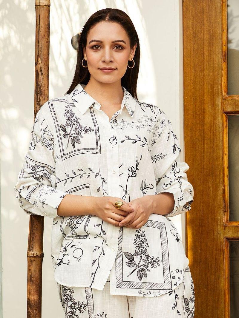Ivory Printed Cotton Blend Co-Ord Set with Long Shirt and Comfort Fit Pants DC002-5