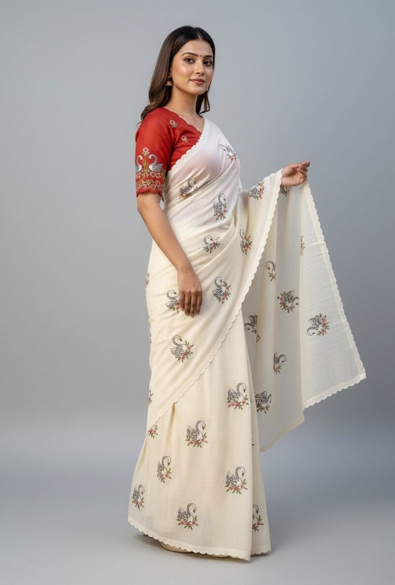 Kota Doriya Saree with Swan Embroidery and Scalloped Border DS003-1