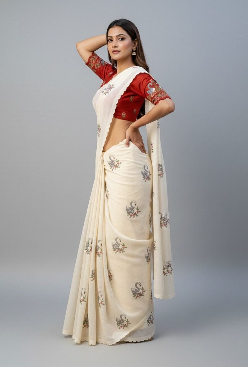 Kota Doriya Saree with Swan Embroidery and Scalloped Border DS003-3