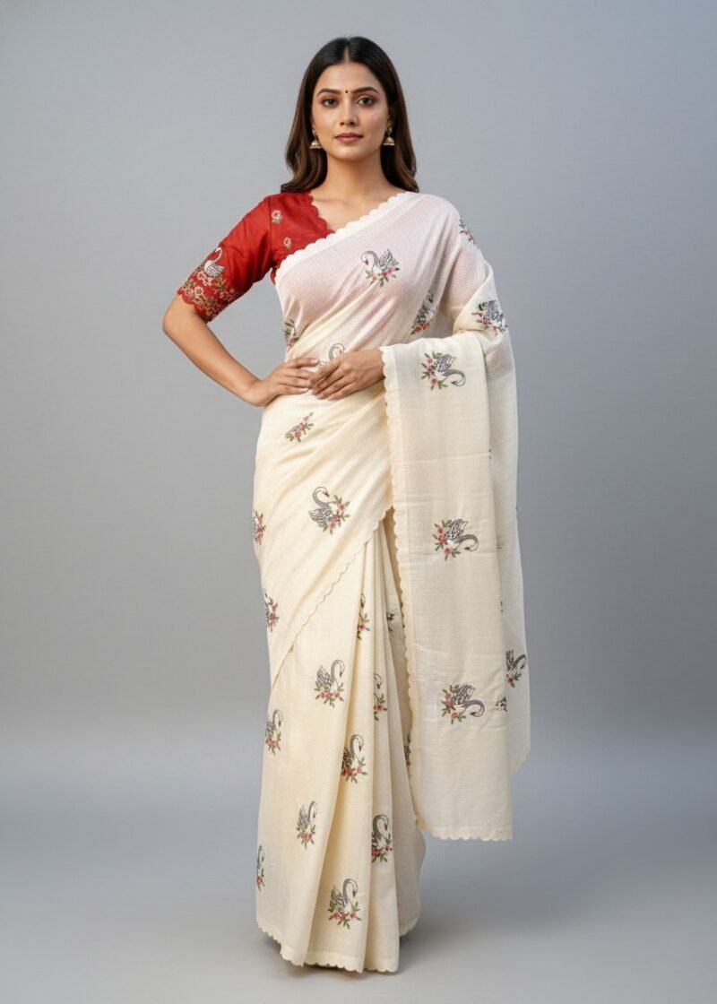Kota Doriya Saree with Swan Embroidery and Scalloped Border DS003