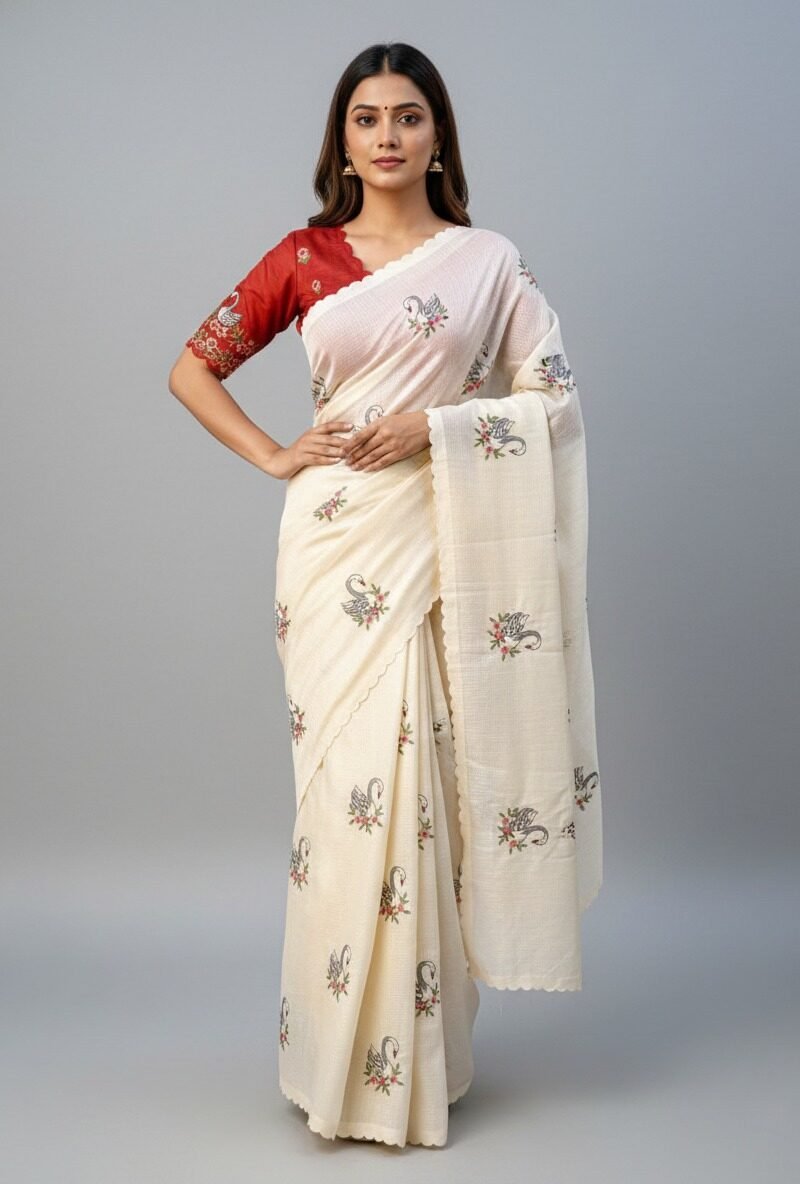 Kota Doriya Saree with Swan Embroidery and Scalloped Border DS003