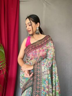 Close-up view of malai cotton saree with Kalamkari inspired print and detailed border