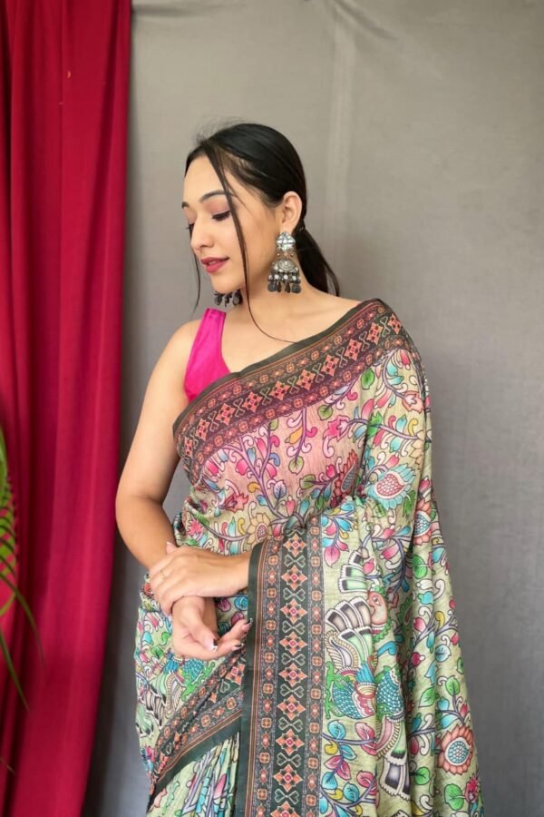 Close-up view of malai cotton saree with Kalamkari inspired print and detailed border