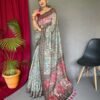 Malai cotton saree with Kalamkari inspired print, bold border and contrast tasselled pallu