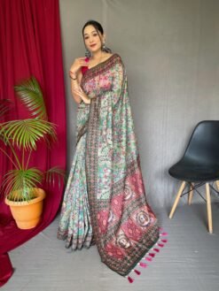 Malai cotton saree with Kalamkari inspired print, bold border and contrast tasselled pallu