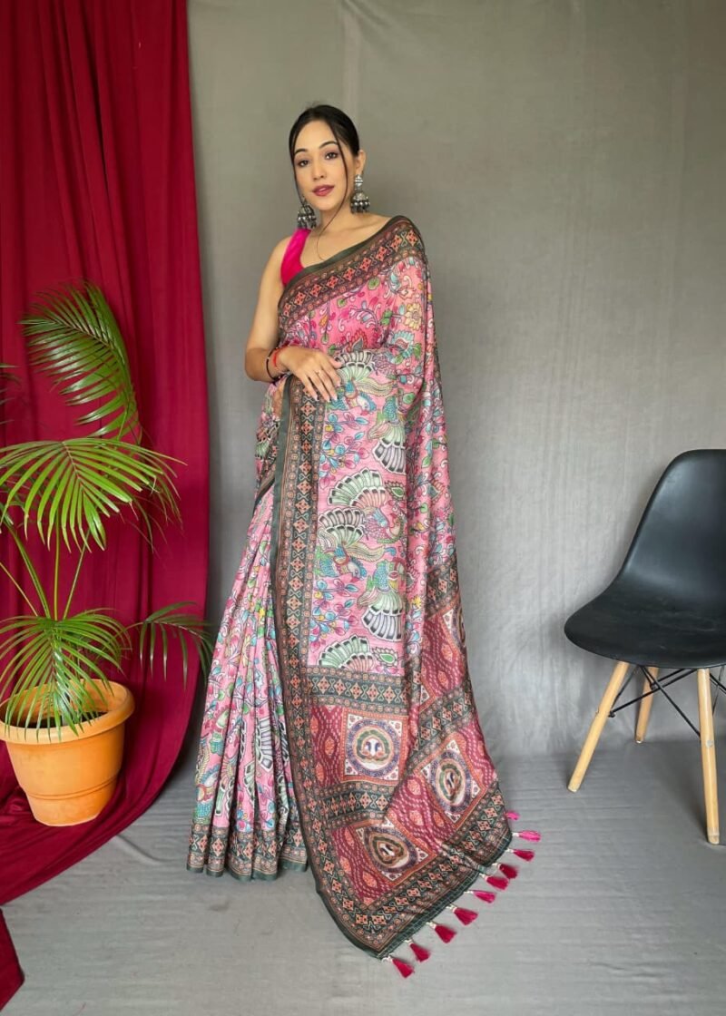Pink Malai Cotton Kalamkari Inspired Printed Saree DS004-1