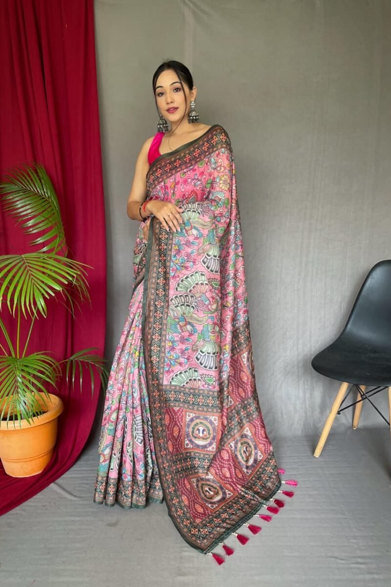 Pink Malai Cotton Kalamkari Inspired Printed Saree DS004-1