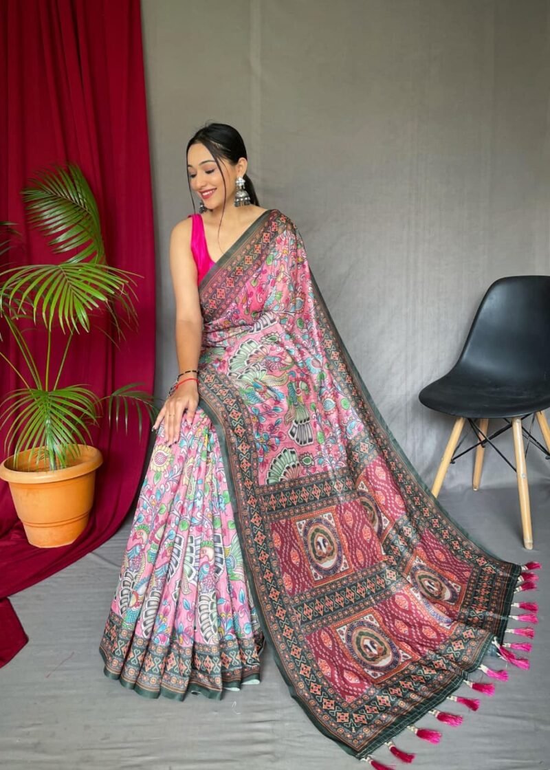 Pink Malai Cotton Kalamkari Inspired Printed Saree DS004-2