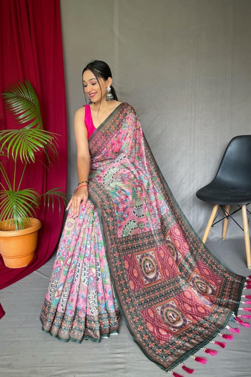 Pink Malai Cotton Kalamkari Inspired Printed Saree DS004-2