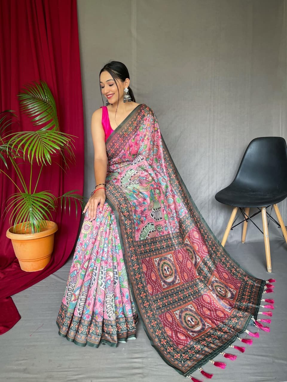 Pink Malai Cotton Kalamkari Inspired Printed Saree DS004-2