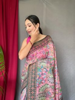 Pink Malai Cotton Kalamkari Inspired Printed Saree DS004