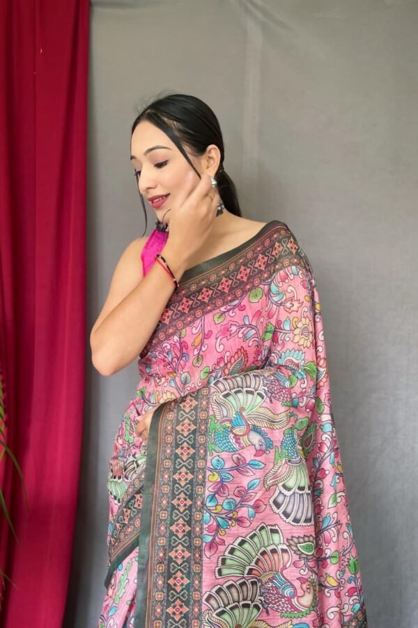 Pink Malai Cotton Kalamkari Inspired Printed Saree DS004