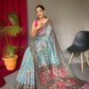 Sky blue malai cotton saree with Kalamkari inspired print, bold border and contrast tasselled pallu in front drape view