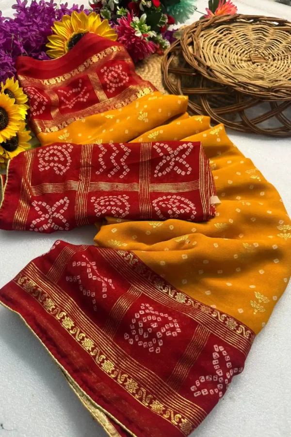 Heavy Marshmallow Blooming Yellow & Red Saree with Gold Foil Design DS008-1