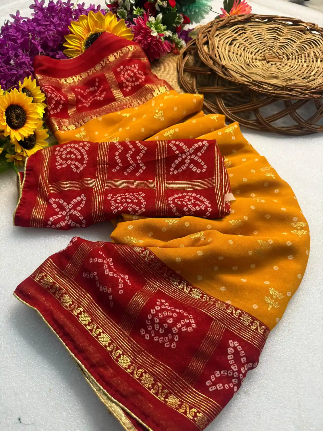 Heavy Marshmallow Blooming Yellow & Red Saree with Gold Foil Design DS008-1