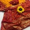 Heavy Marshmallow Blooming Yellow & Red Saree with Gold Foil Design DS008