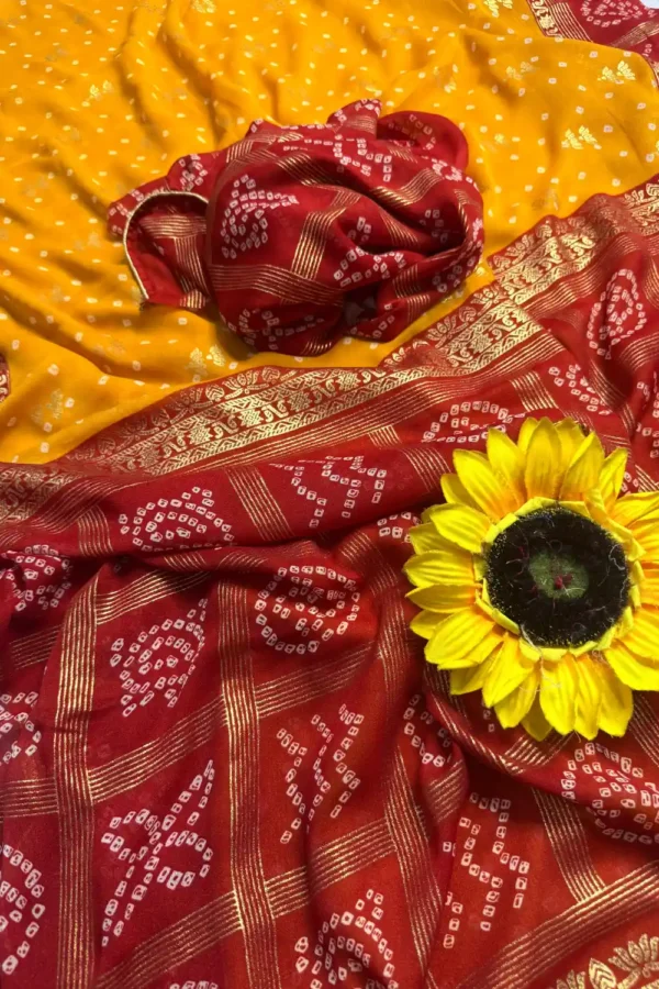 Heavy Marshmallow Blooming Yellow & Red Saree with Gold Foil Design DS008-2