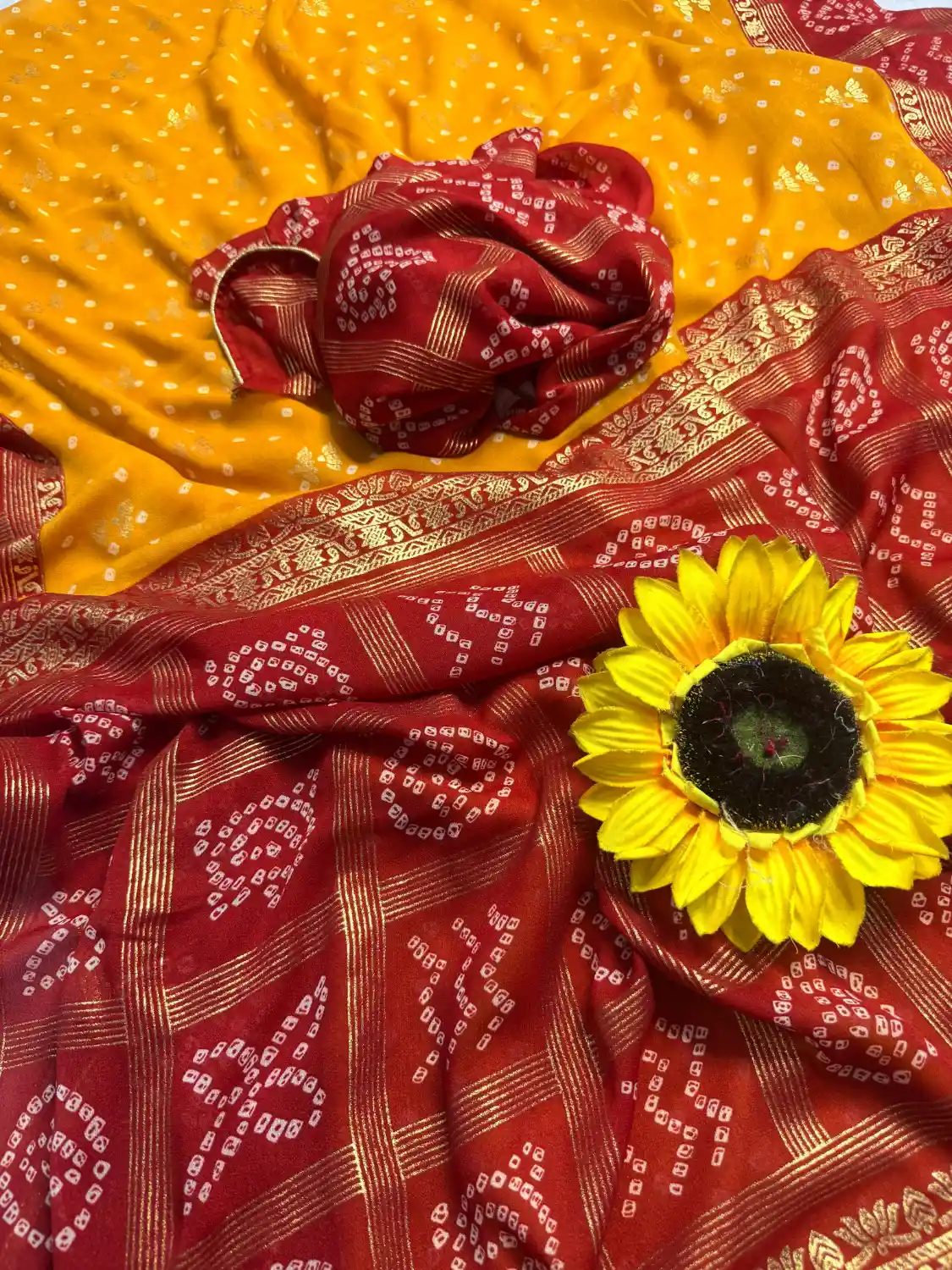 Heavy Marshmallow Blooming Yellow & Red Saree with Gold Foil Design DS008-2