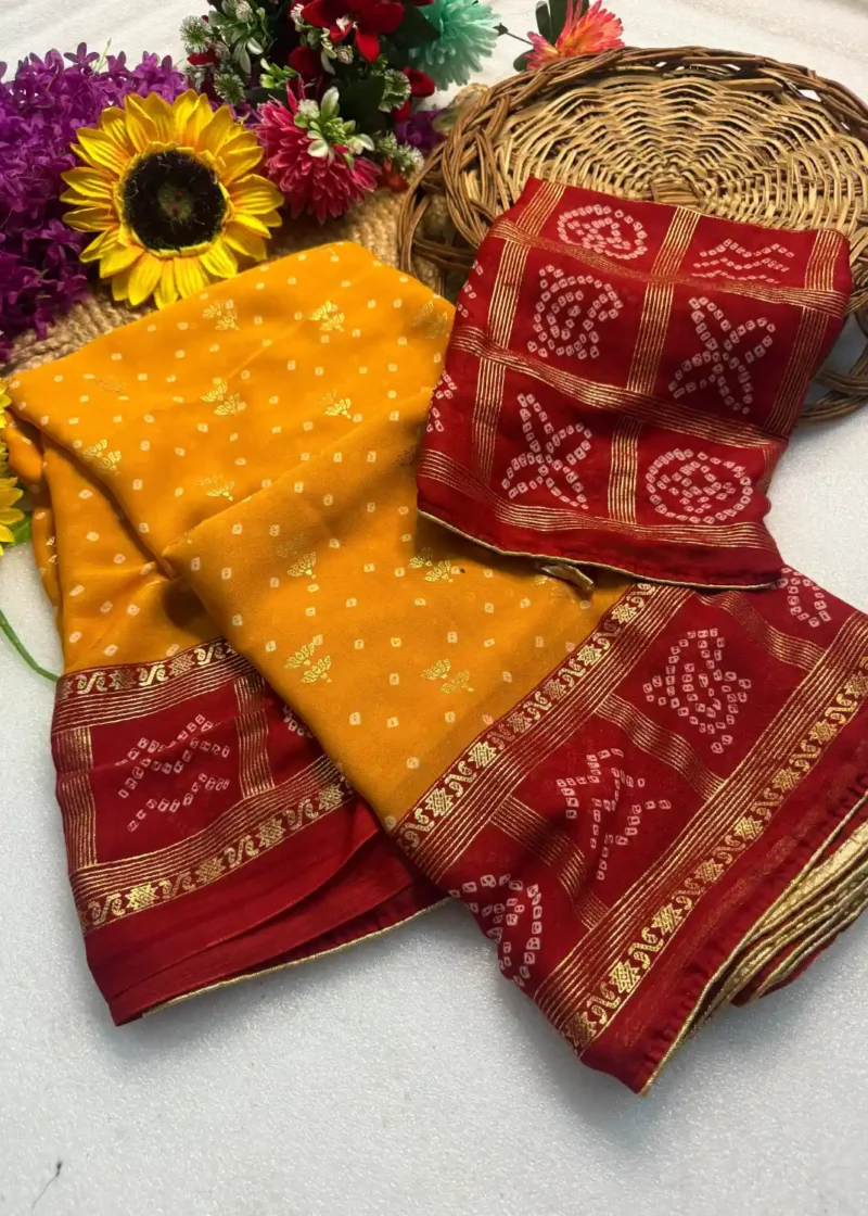 Heavy Marshmallow Blooming Yellow & Red Saree with Gold Foil Design DS008-3