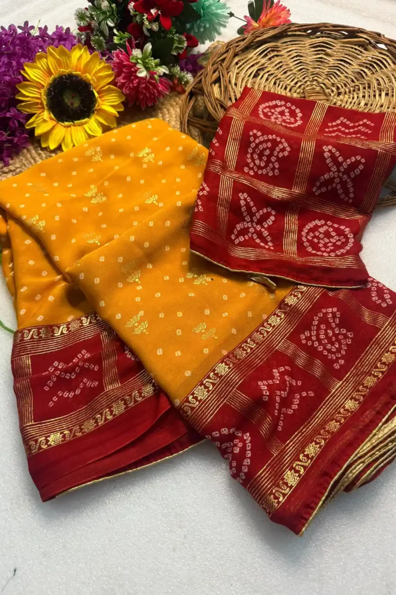 Heavy Marshmallow Blooming Yellow & Red Saree with Gold Foil Design DS008-3