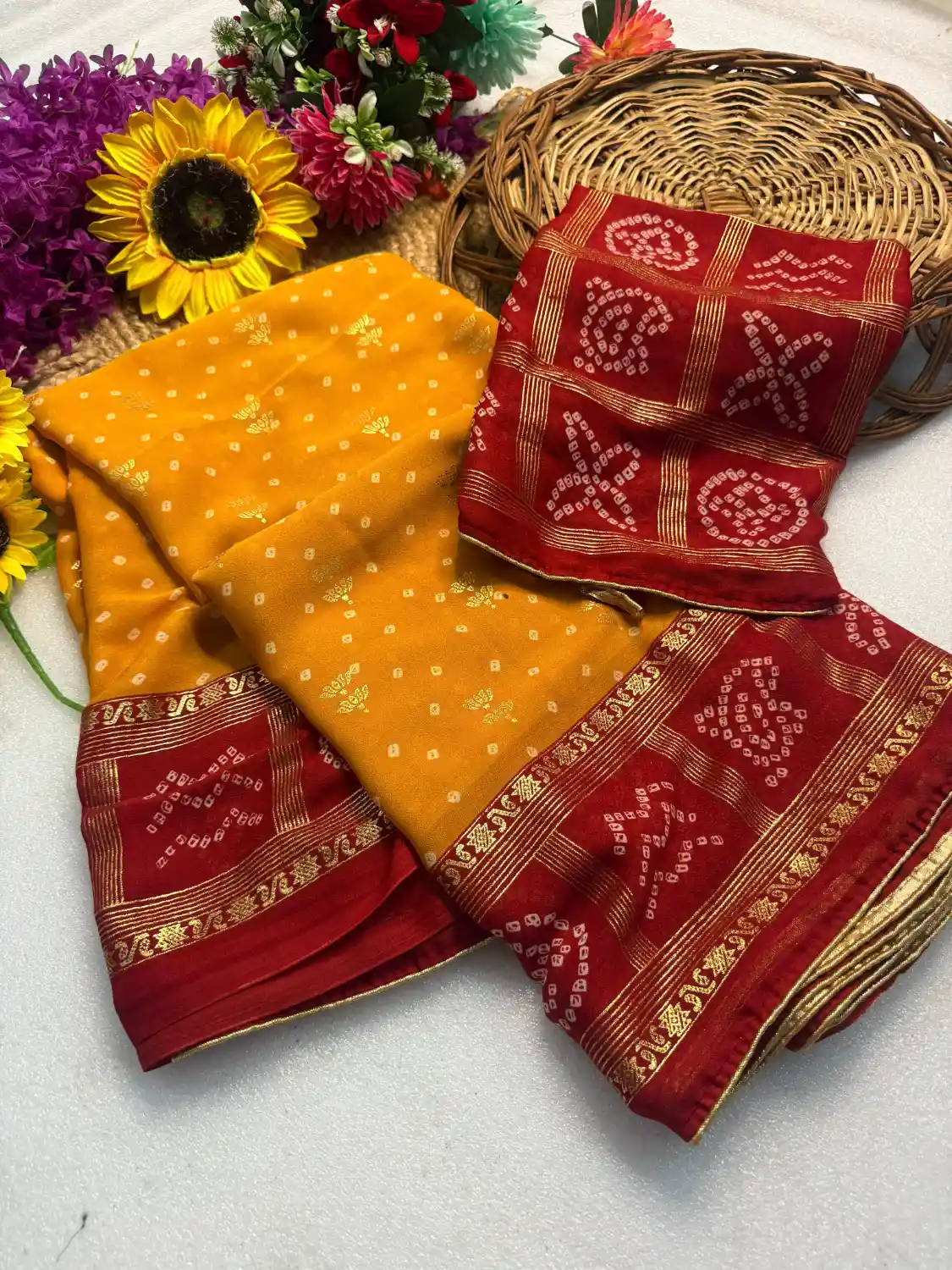 Heavy Marshmallow Blooming Yellow & Red Saree with Gold Foil Design DS008-3