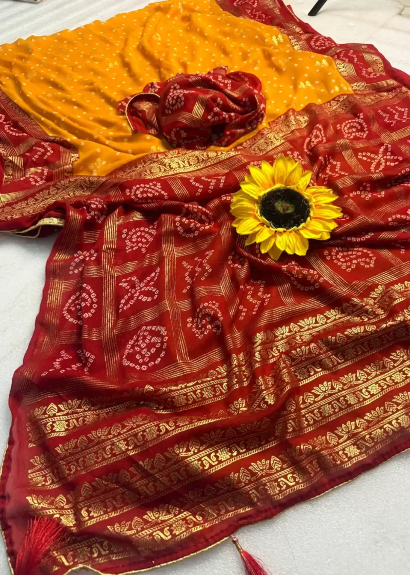 Heavy Marshmallow Blooming Yellow & Red Saree with Gold Foil Design DS008
