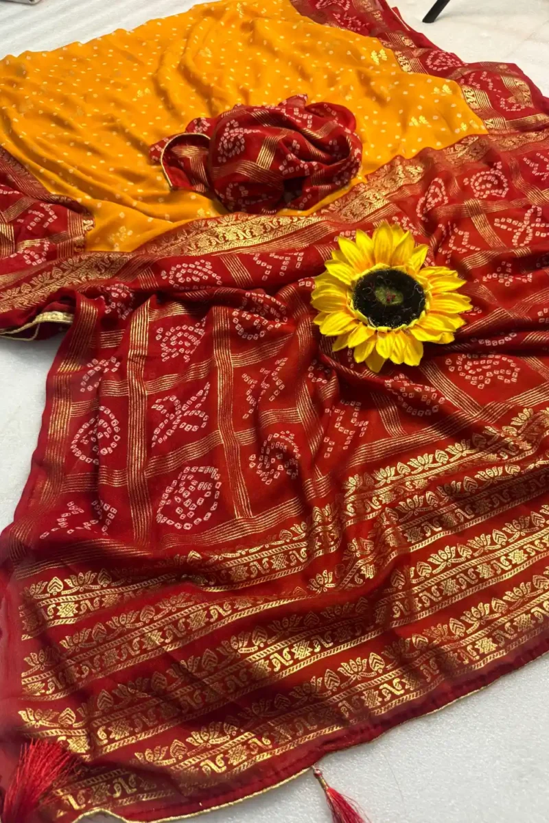 Heavy Marshmallow Blooming Yellow & Red Saree with Gold Foil Design DS008