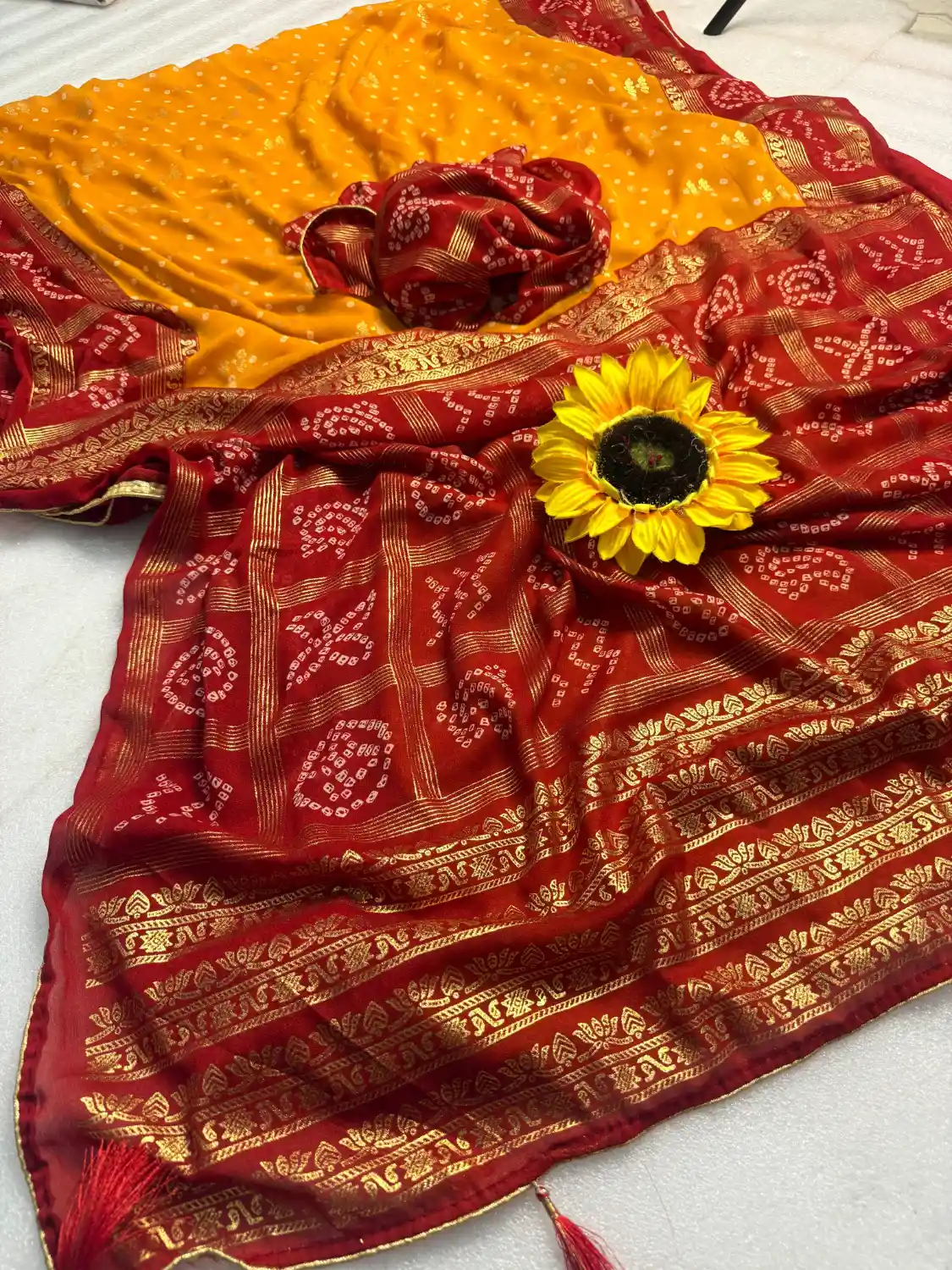 Heavy Marshmallow Blooming Yellow & Red Saree with Gold Foil Design DS008