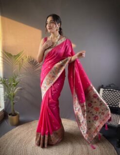 Alternative view of Rani Pink Kanchipuram Silk Saree with Floral Woven Border & Zari Polka Dots DS012