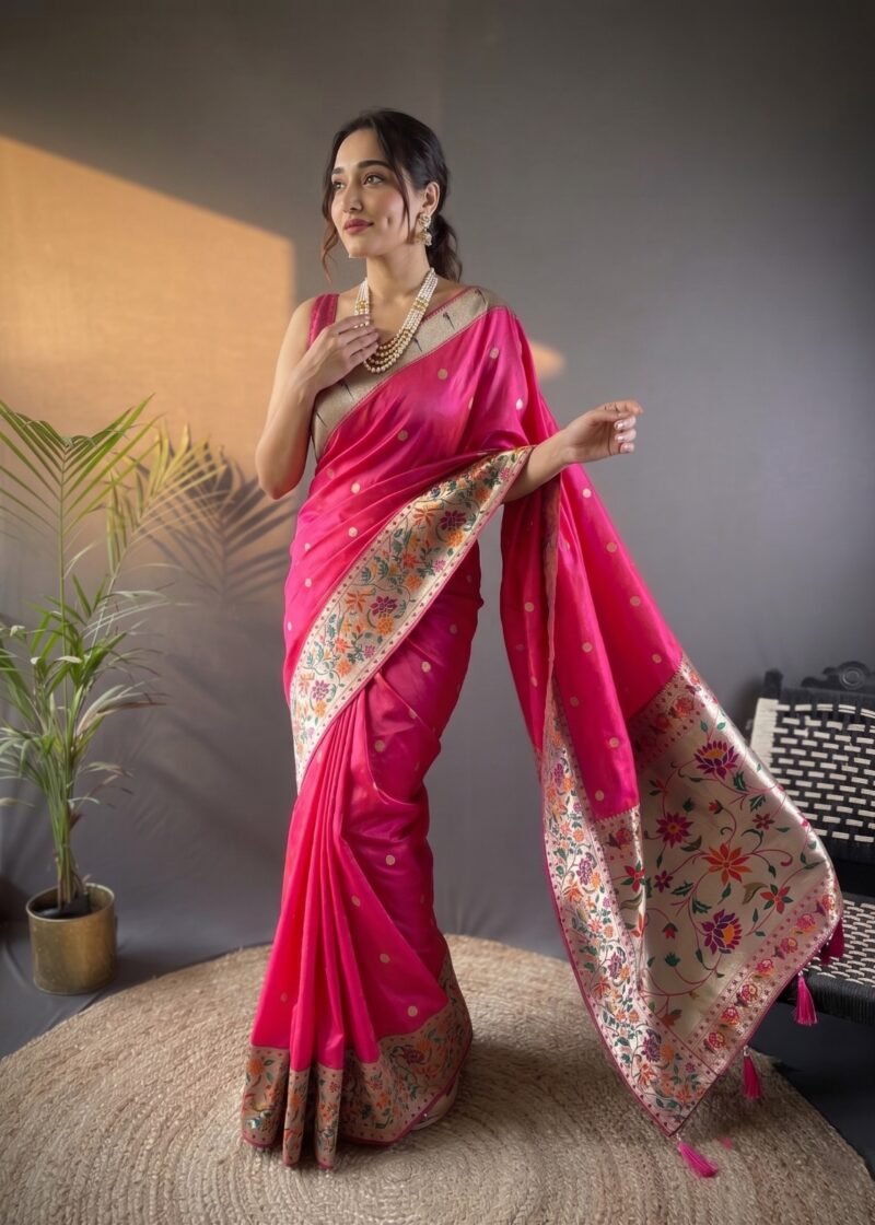 Alternative view of Rani Pink Kanchipuram Silk Saree with Floral Woven Border & Zari Polka Dots DS012