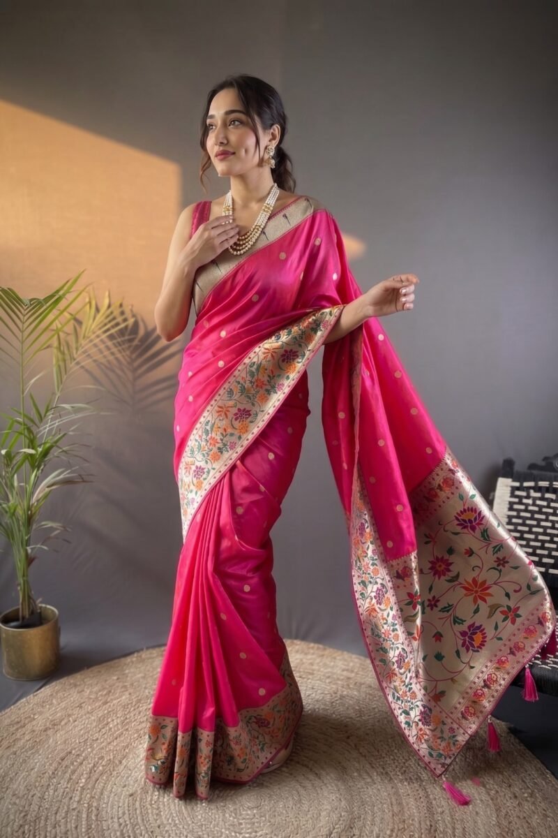 Alternative view of Rani Pink Kanchipuram Silk Saree with Floral Woven Border & Zari Polka Dots DS012
