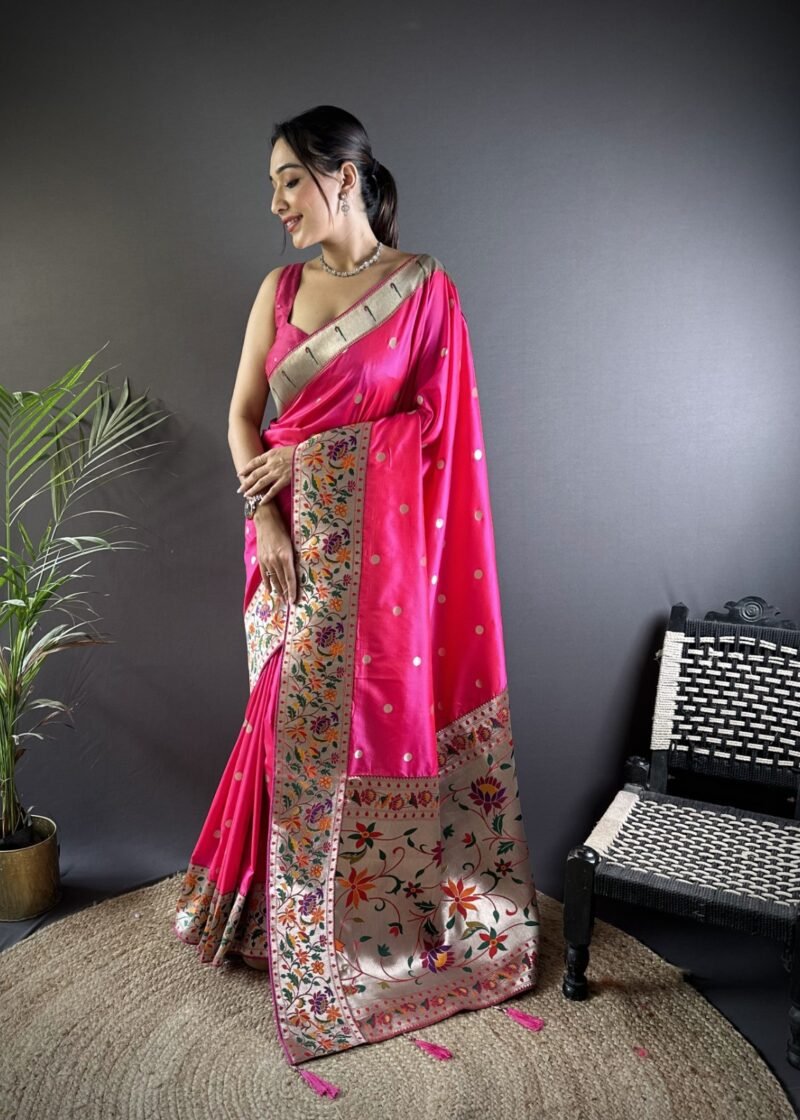 Rani Pink Kanchipuram Silk Saree with Floral Woven Border & Zari Polka Dots DS012