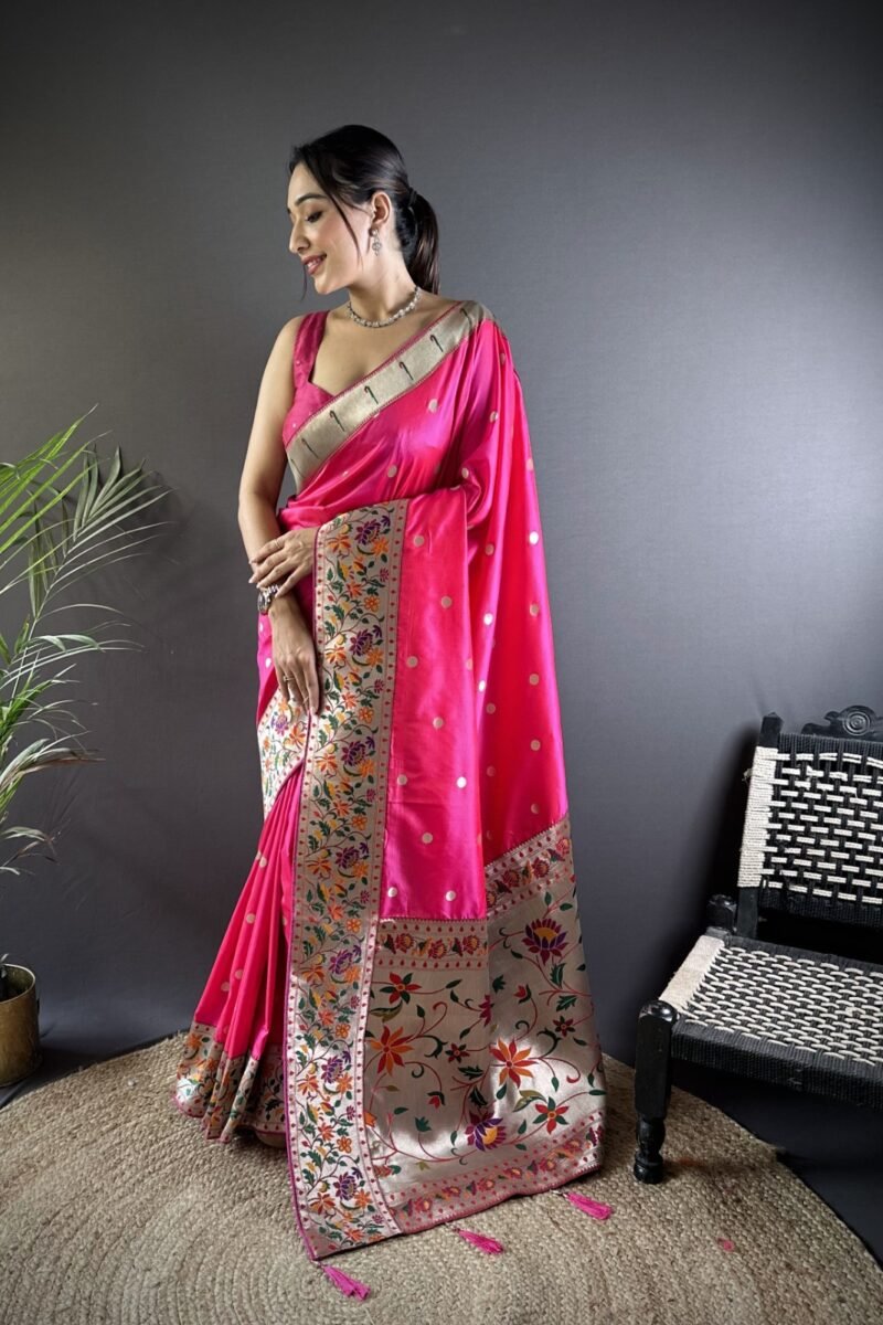 Rani Pink Kanchipuram Silk Saree with Floral Woven Border & Zari Polka Dots DS012