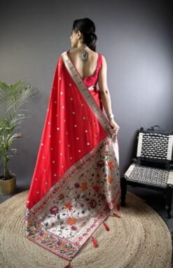 Alternative view of Red Kanchipuram Silk Saree with Zari Polka Dots & Floral Woven Border DS013