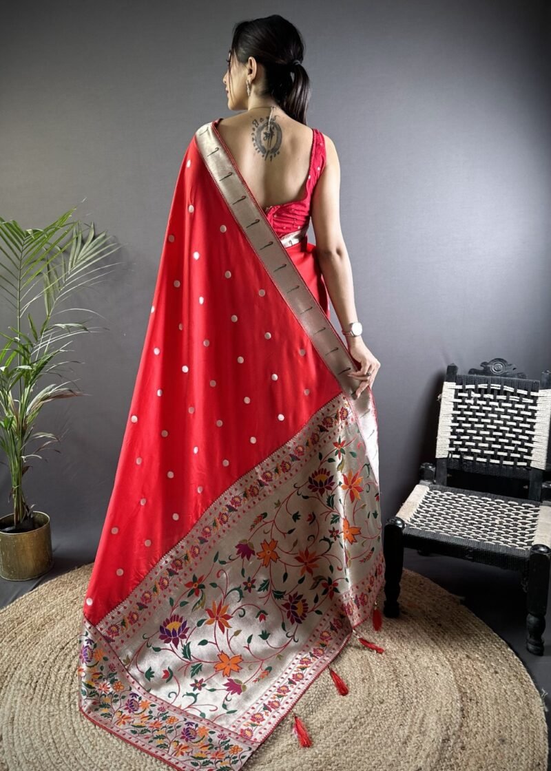 Alternative view of Red Kanchipuram Silk Saree with Zari Polka Dots & Floral Woven Border DS013