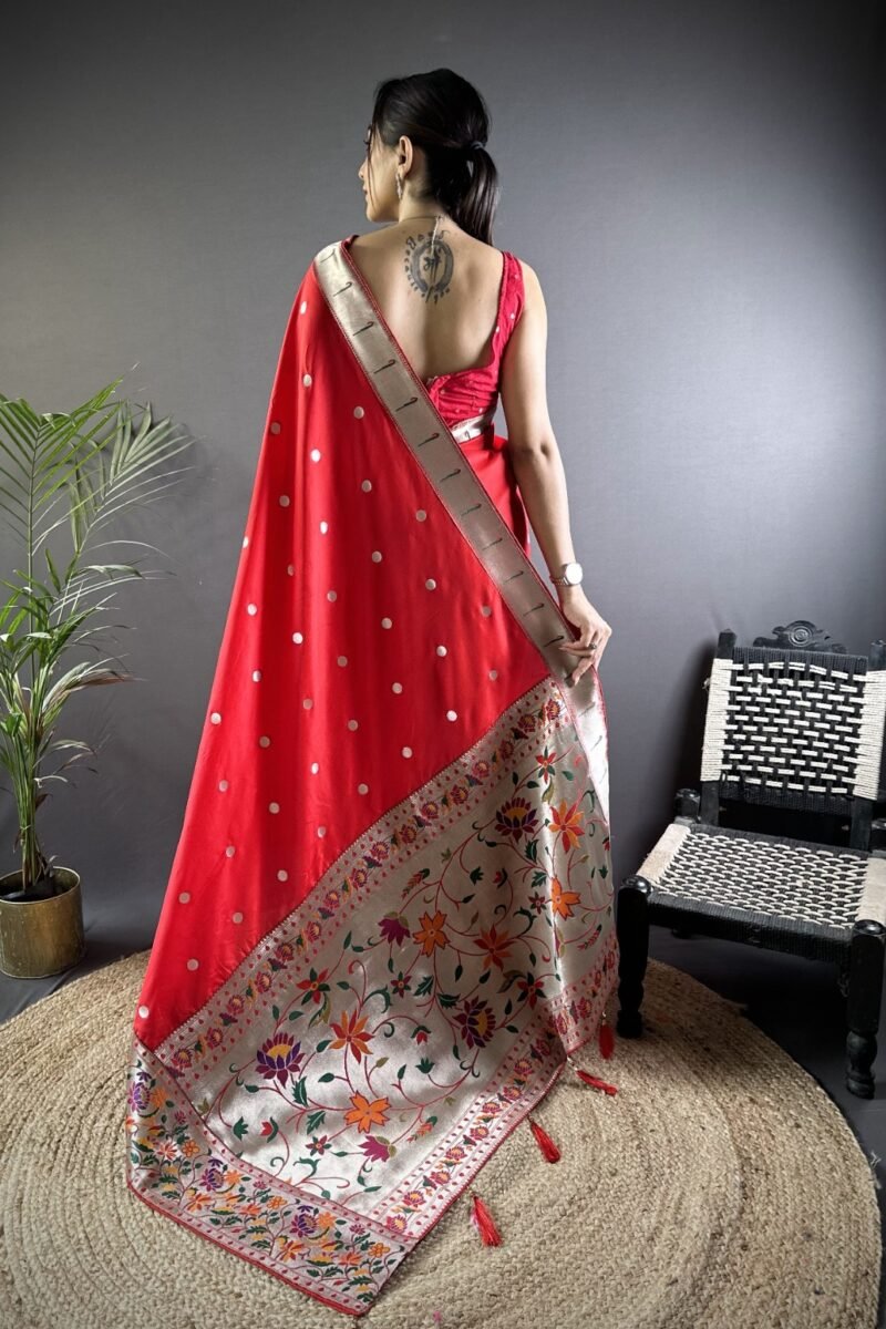 Alternative view of Red Kanchipuram Silk Saree with Zari Polka Dots & Floral Woven Border DS013