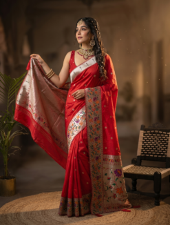 Red Kanchipuram Silk Saree with Zari Polka Dots & Floral Woven Border DS013
